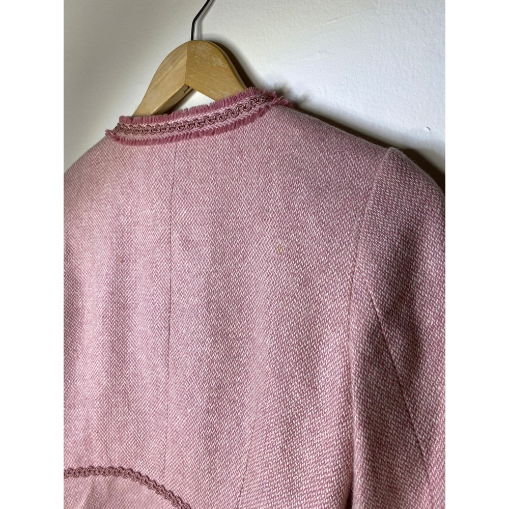 VTG Chic Pink Tweed Collarless Jacket Blazer Women Embellished Trim lined nice! - Picture 14 of 15